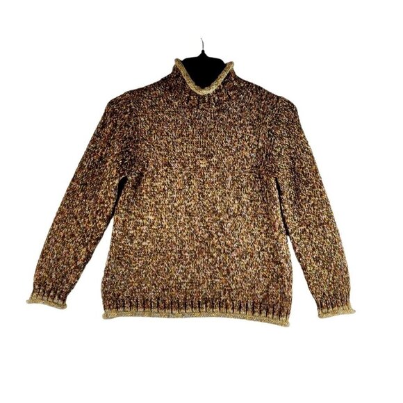 VTG Sweater by Pappagallo Cowl Neck Brown Multi Tone Weave Y2K Roll Trim Finish - Picture 1 of 8